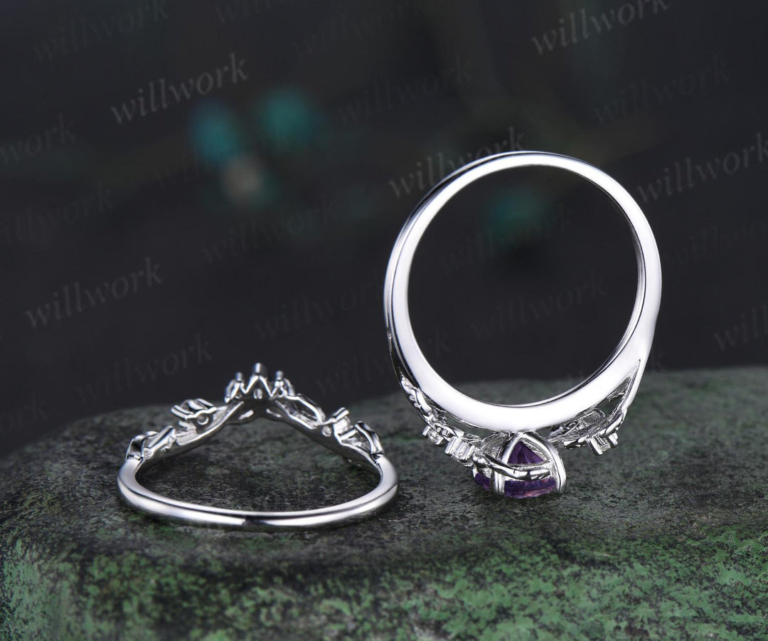 1ct round cut Lavender Amethyst engagement ring set 14k white gold leaf five stone diamond ring women nature inspired bridal set gift