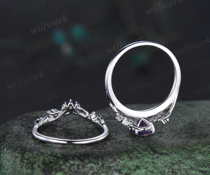 1ct round cut Lavender Amethyst engagement ring set 14k white gold leaf five stone diamond ring women nature inspired bridal set gift