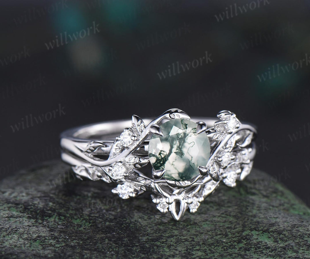 1ct round green moss agate ring white gold vintage unique nature inspired engagement ring set Celtic knot leaf diamond bridal ring set women