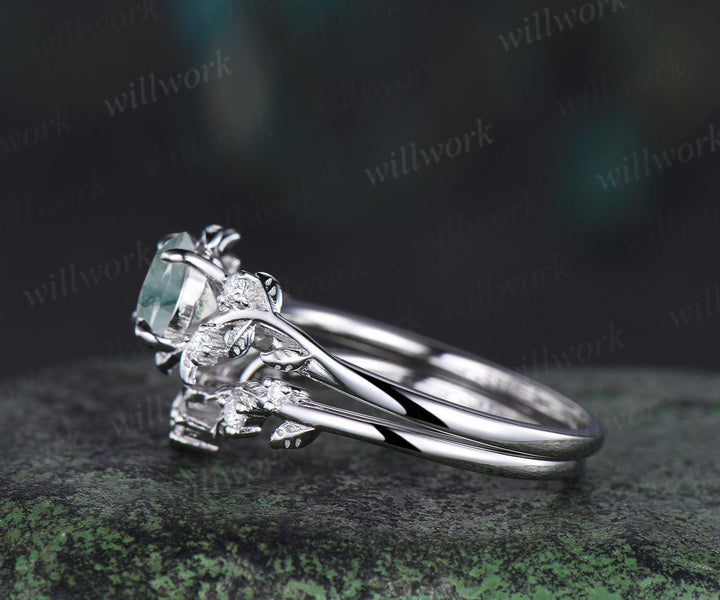 1ct round green moss agate ring white gold vintage unique nature inspired engagement ring set Celtic knot leaf diamond bridal ring set women
