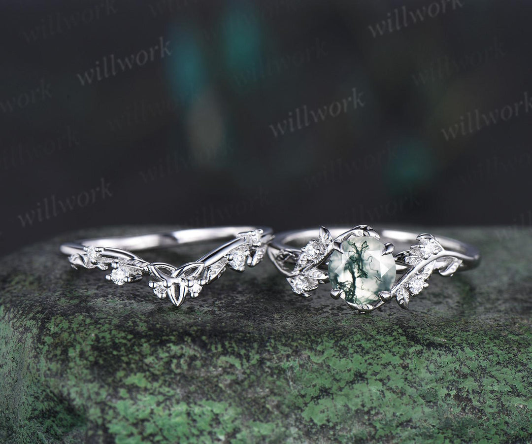 1ct round green moss agate ring white gold vintage unique nature inspired engagement ring set Celtic knot leaf diamond bridal ring set women