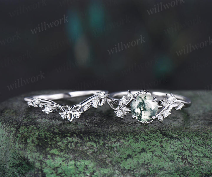 1ct round green moss agate ring white gold vintage unique nature inspired engagement ring set Celtic knot leaf diamond bridal ring set women