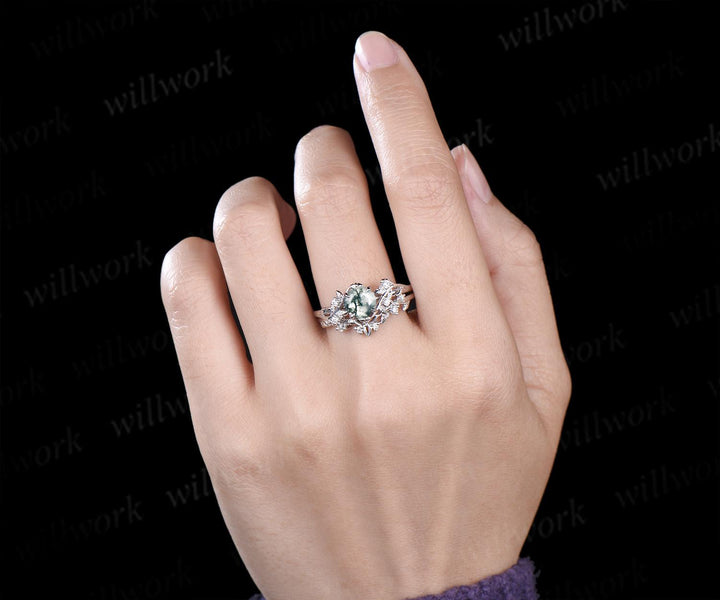 1ct round green moss agate ring white gold vintage unique nature inspired engagement ring set Celtic knot leaf diamond bridal ring set women