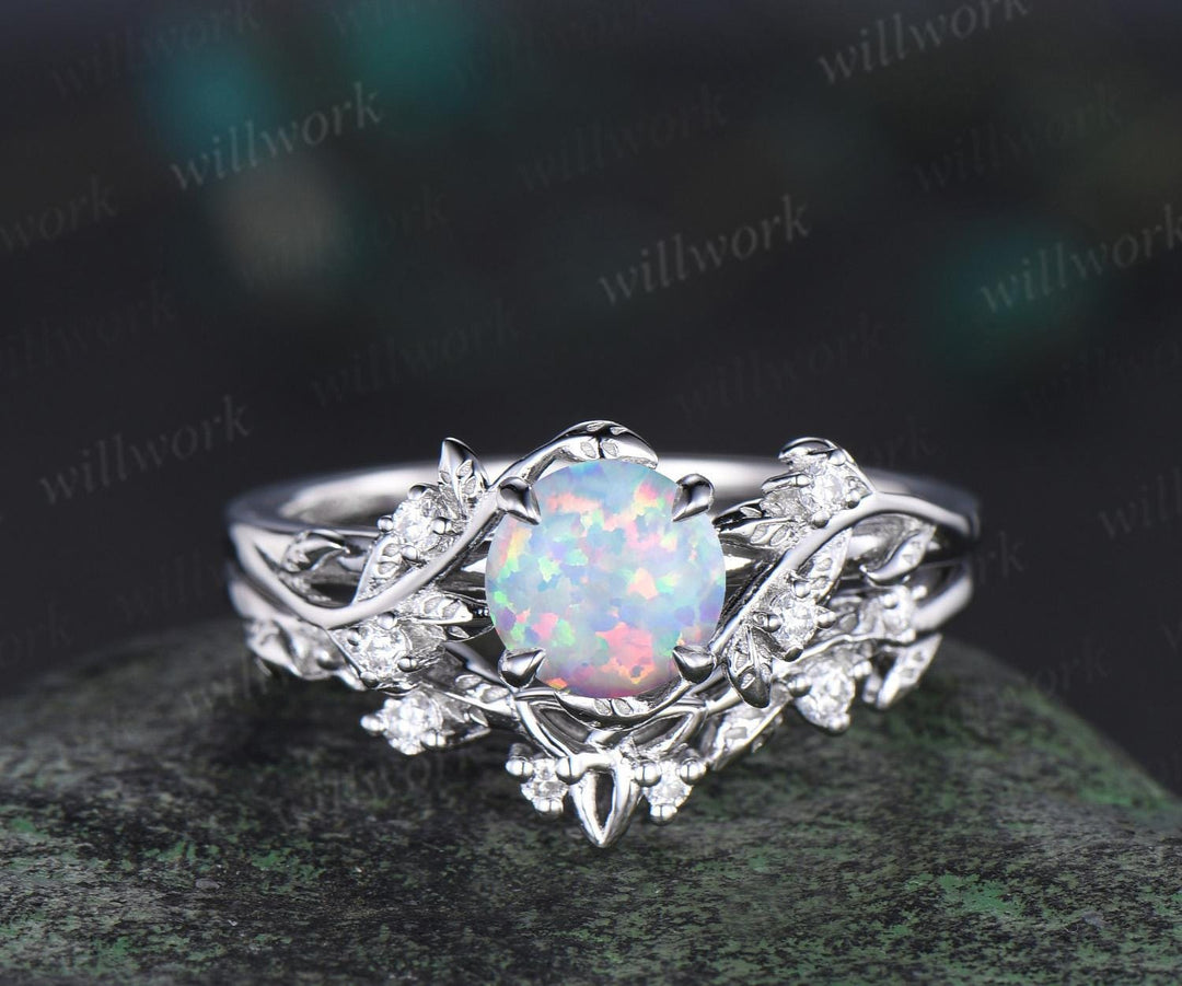 Vintage round white opal wedding ring set leaf nature inspired opal engagement ring set diamond Celtic knot wedding band anniversary gift