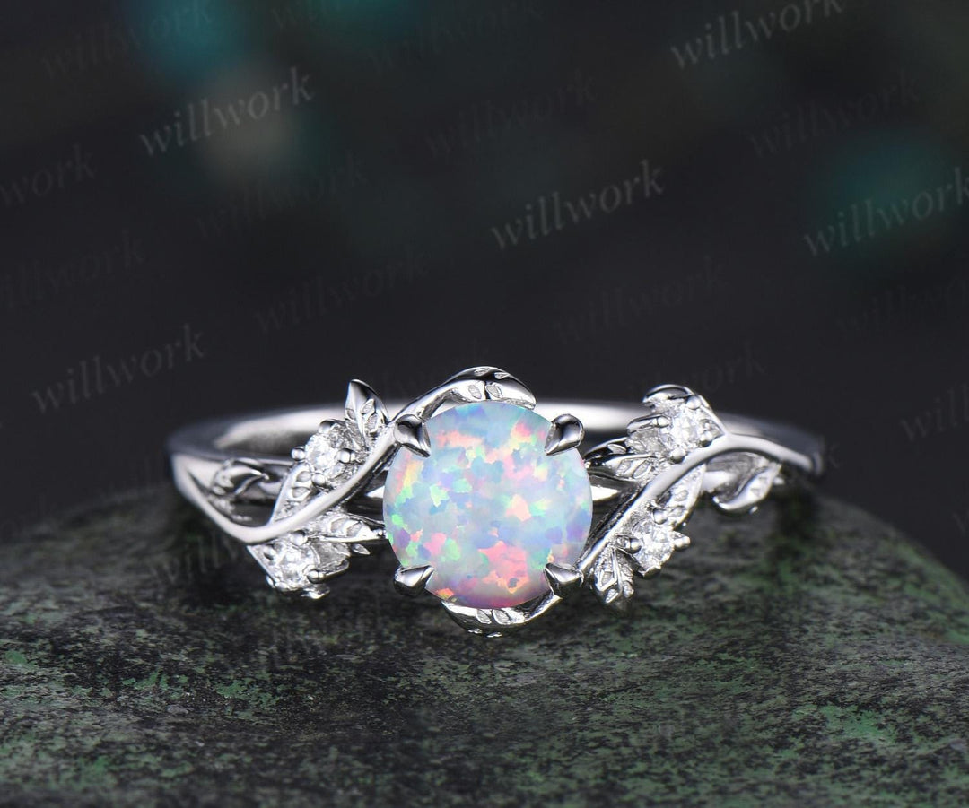Vintage round white opal wedding ring set leaf nature inspired opal engagement ring set diamond Celtic knot wedding band anniversary gift