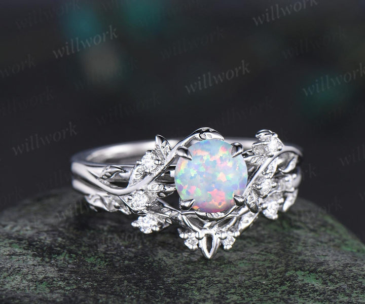 Vintage round white opal wedding ring set leaf nature inspired opal engagement ring set diamond Celtic knot wedding band anniversary gift