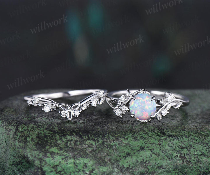 Vintage round white opal wedding ring set leaf nature inspired opal engagement ring set diamond Celtic knot wedding band anniversary gift