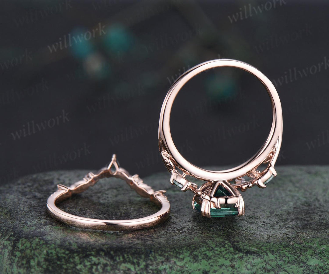 Asscher cut green emerald leaf engagement ring set art deco 14k rose gold cluster nature inspired moss agate bridal ring set women gift