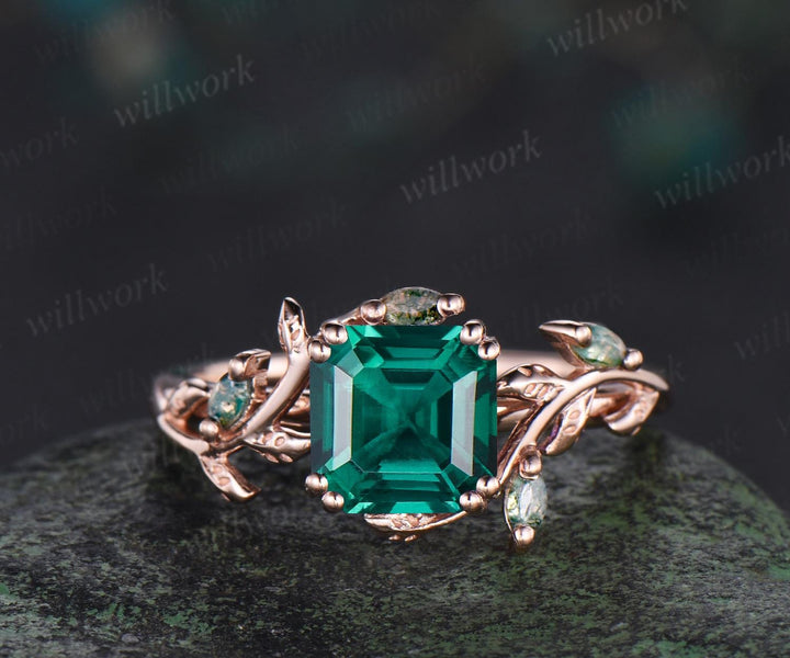 Asscher cut green emerald leaf engagement ring set art deco 14k rose gold cluster nature inspired moss agate bridal ring set women gift