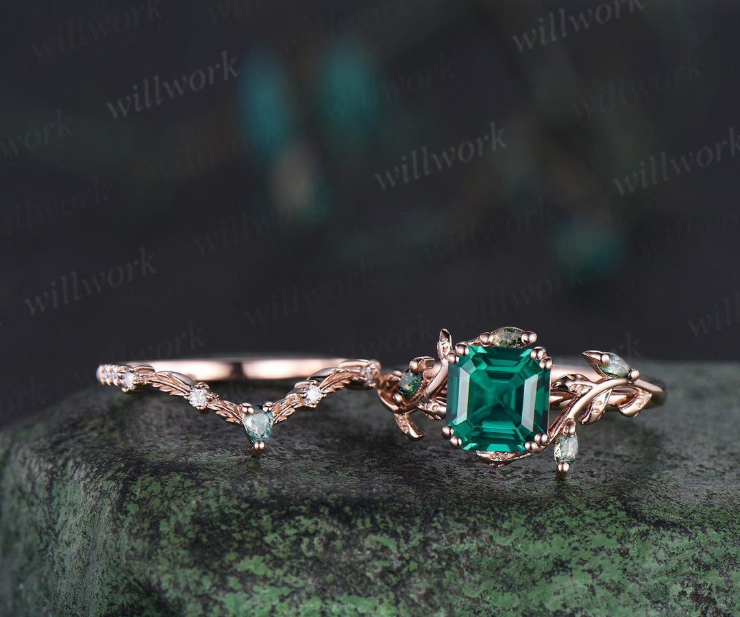 Asscher cut green emerald leaf engagement ring set art deco 14k rose gold cluster nature inspired moss agate bridal ring set women gift