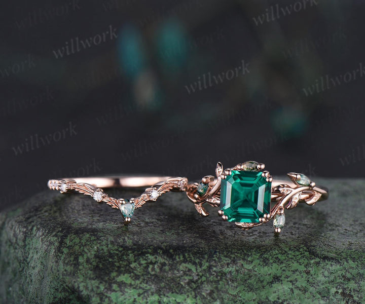 Asscher cut green emerald leaf engagement ring set art deco 14k rose gold cluster nature inspired moss agate bridal ring set women gift
