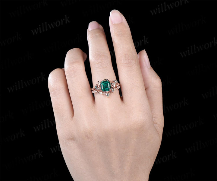 Asscher cut green emerald leaf engagement ring set art deco 14k rose gold cluster nature inspired moss agate bridal ring set women gift