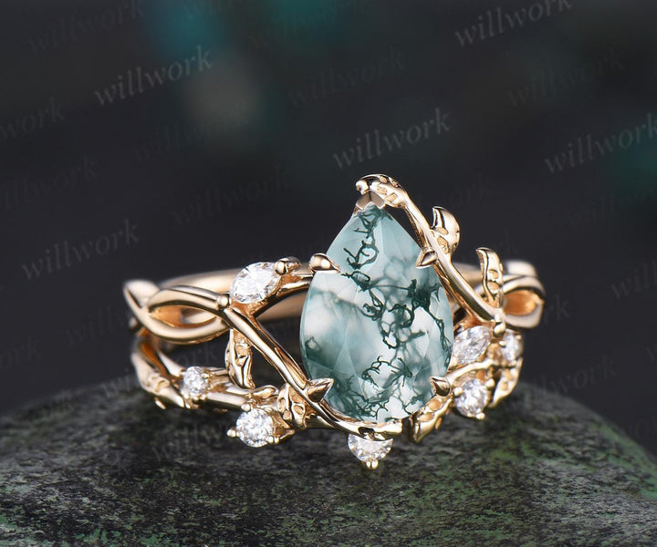 Pear cut moss agate ring vintage infinity split shank engagement ring set art deco leaf diamond ring women retro unique bridal set gift