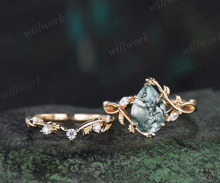 Pear cut moss agate ring vintage infinity split shank engagement ring set art deco leaf diamond ring women retro unique bridal set gift