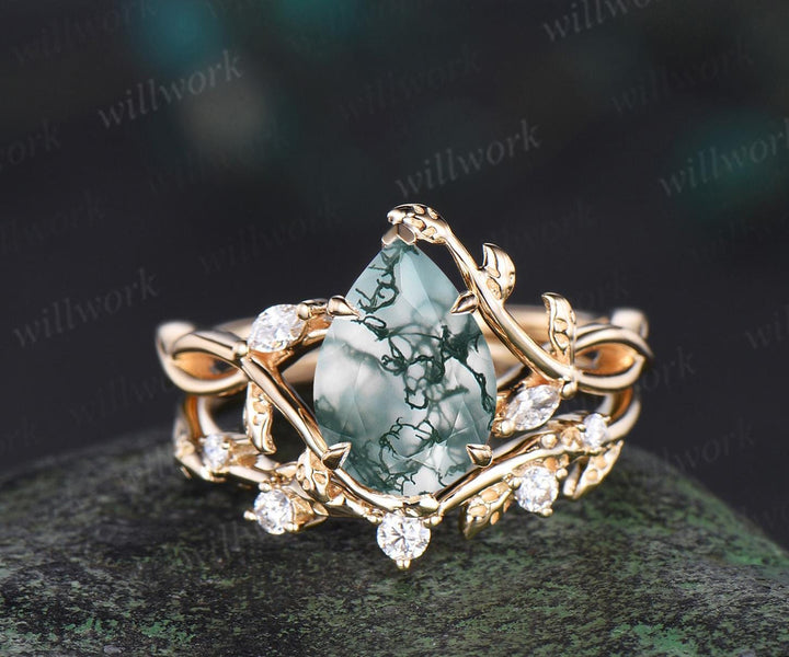Pear cut moss agate ring vintage infinity split shank engagement ring set art deco leaf diamond ring women retro unique bridal set gift