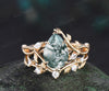 Pear cut moss agate ring vintage infinity split shank engagement ring set art deco leaf diamond ring women retro unique bridal set gift