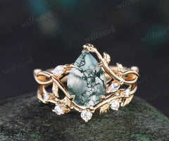 Pear cut moss agate ring vintage infinity split shank engagement ring set art deco leaf diamond ring women retro unique bridal set gift
