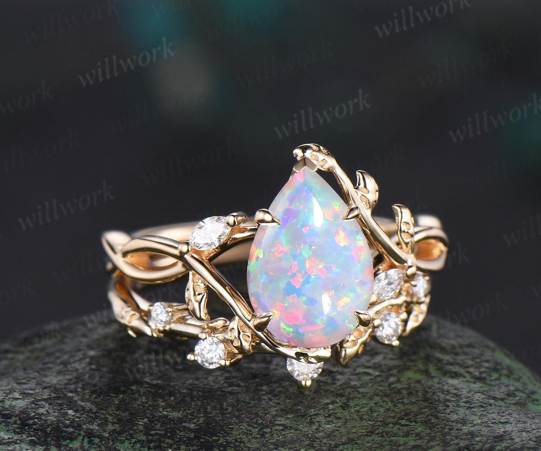 Pear white opal ring vintage infinity split shank engagement ring set art deco leaf diamond ring women antique unique bridal set gift
