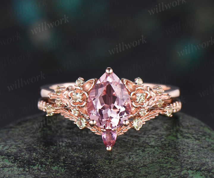 Vintage pear padparadscha pink sapphire engagement ring solid 14k rose gold leaf floral unique cluster peridot wedding ring set women gift