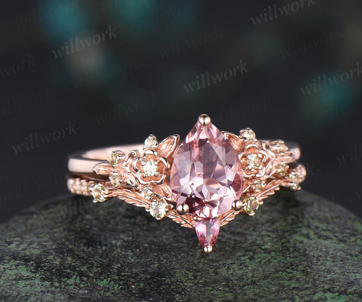 Vintage pear padparadscha pink sapphire engagement ring solid 14k rose gold leaf floral unique cluster peridot wedding ring set women gift