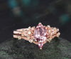 Vintage pear padparadscha pink sapphire engagement ring solid 14k rose gold leaf floral unique cluster peridot wedding ring set women gift