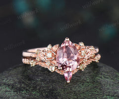 Vintage pear padparadscha pink sapphire engagement ring solid 14k rose gold leaf floral unique cluster peridot wedding ring set women gift