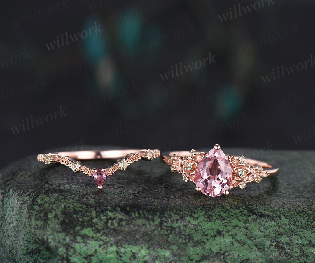 Vintage pear padparadscha pink sapphire engagement ring solid 14k rose gold leaf floral unique cluster peridot wedding ring set women gift