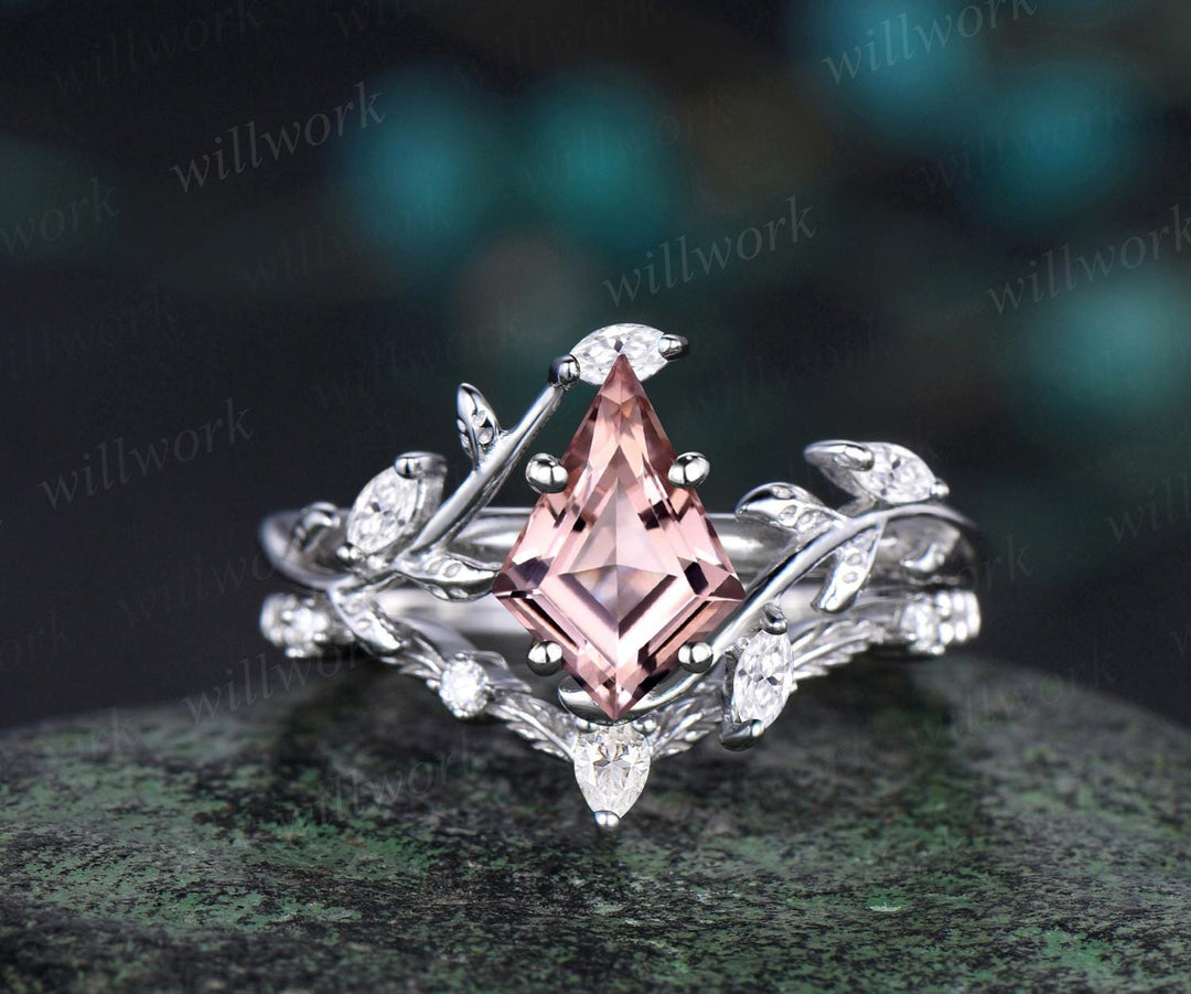 Vintage kite cut morganite engagement ring 14k rose gold leaf nature inspired ring women unique cluster diamond bridal promise ring set
