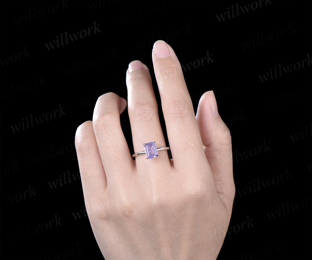 Emerald cut Lavender amethyst solitaire engagement ring solid 14k 18k white gold claw prong dainty wedding ring women gift