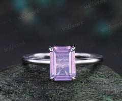 Emerald cut Lavender amethyst solitaire engagement ring solid 14k 18k white gold claw prong dainty wedding ring women gift