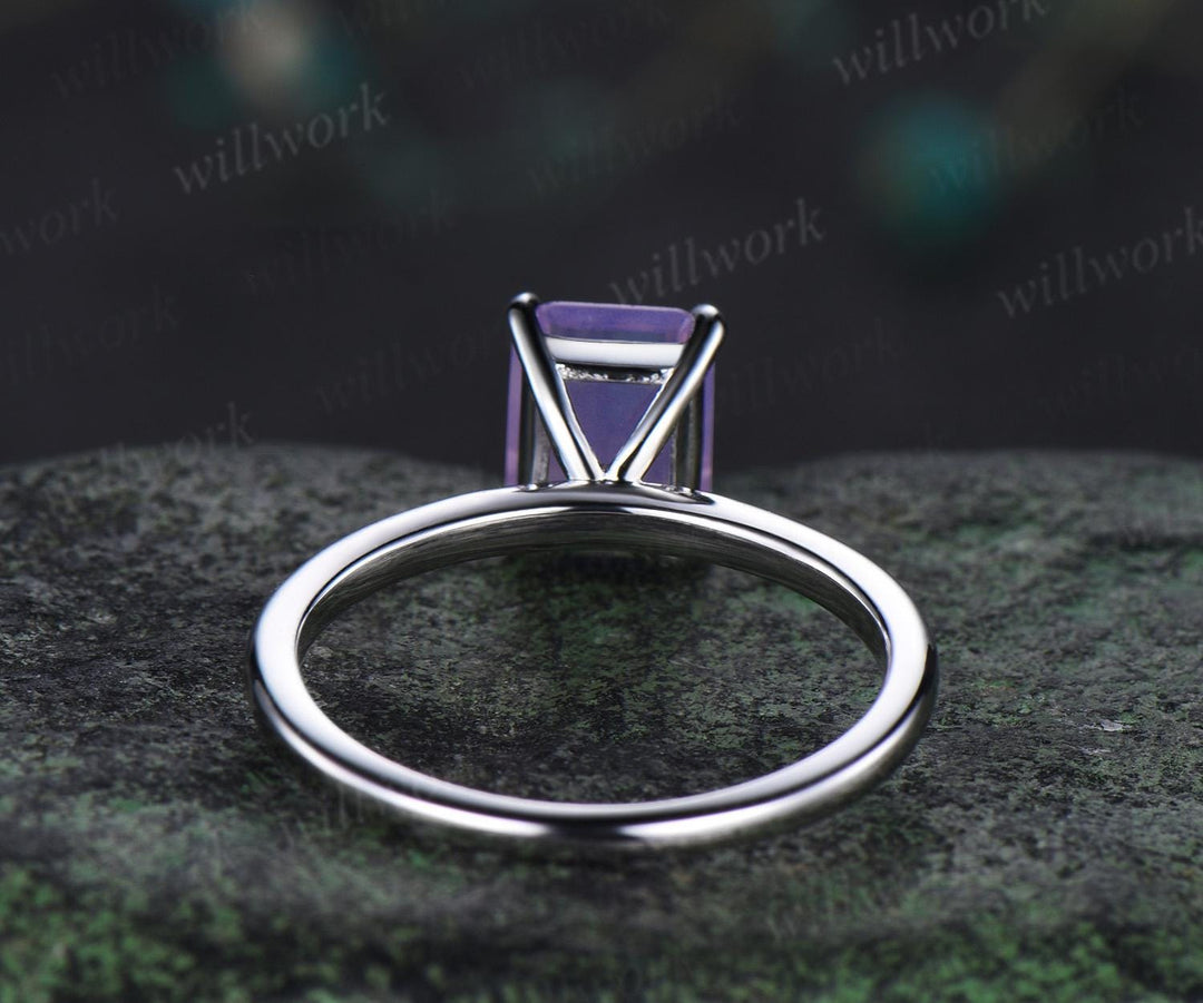 Emerald cut Lavender amethyst solitaire engagement ring solid 14k 18k white gold claw prong dainty wedding ring women gift