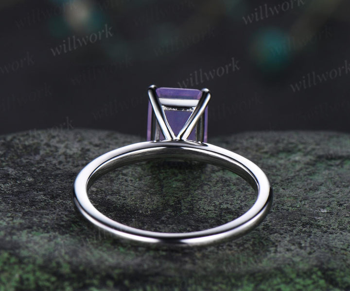 Emerald cut Lavender amethyst solitaire engagement ring solid 14k 18k white gold claw prong dainty wedding ring women gift