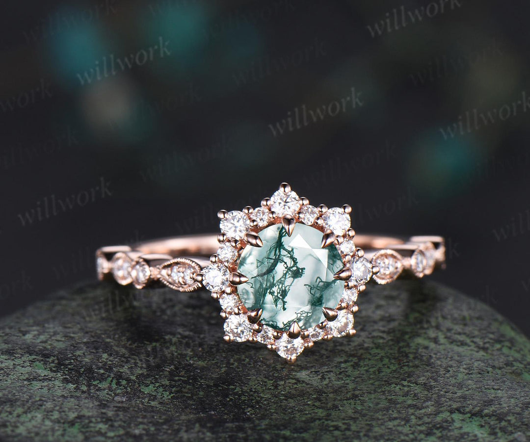 1ct round cut green moss agate engagement ring solid 14k rose gold halo snowdrift milgrain diamond promise ring unique wedding ring women