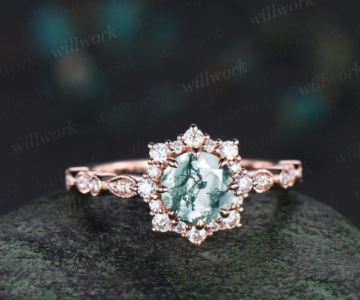 1ct round cut green moss agate engagement ring solid 14k rose gold halo snowdrift milgrain diamond promise ring unique wedding ring women