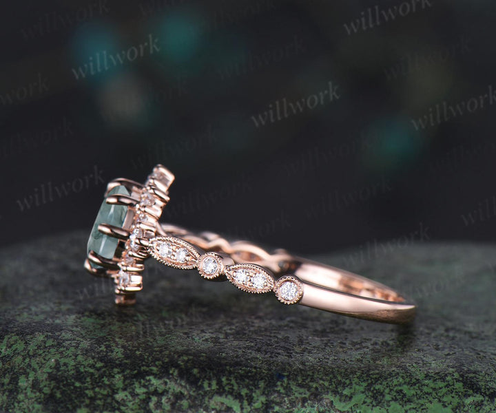 1ct round cut green moss agate engagement ring solid 14k rose gold halo snowdrift milgrain diamond promise ring unique wedding ring women