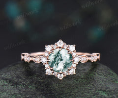 1ct round cut green moss agate engagement ring solid 14k rose gold halo snowdrift milgrain diamond promise ring unique wedding ring women