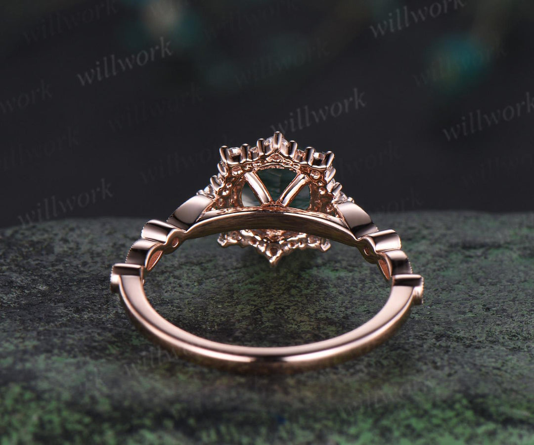 1ct round cut green moss agate engagement ring solid 14k rose gold halo snowdrift milgrain diamond promise ring unique wedding ring women
