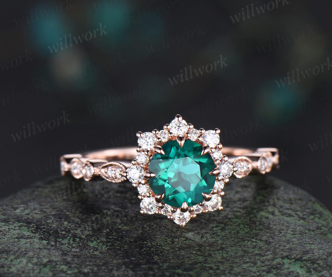 1ct round green emerald wedding ring rose gold prong milgrain