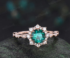 1ct round green emerald wedding ring rose gold 8 prong milgrain art deco halo emerald engagement ring May birthstone ring jewelry gift