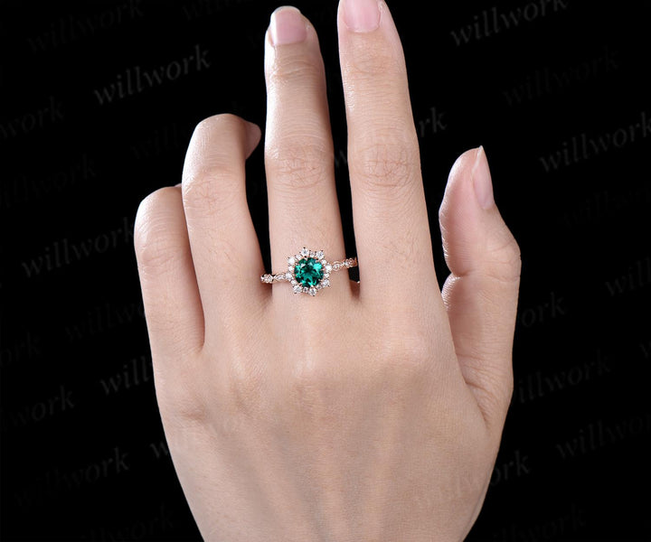 1ct round green emerald wedding ring rose gold 8 prong milgrain art deco halo emerald engagement ring May birthstone ring jewelry gift