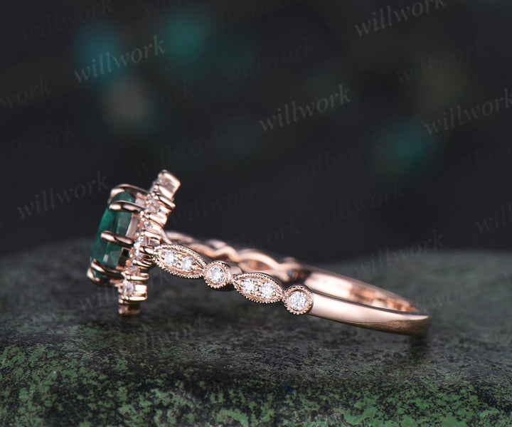 1ct round green emerald wedding ring rose gold 8 prong milgrain art deco halo emerald engagement ring May birthstone ring jewelry gift