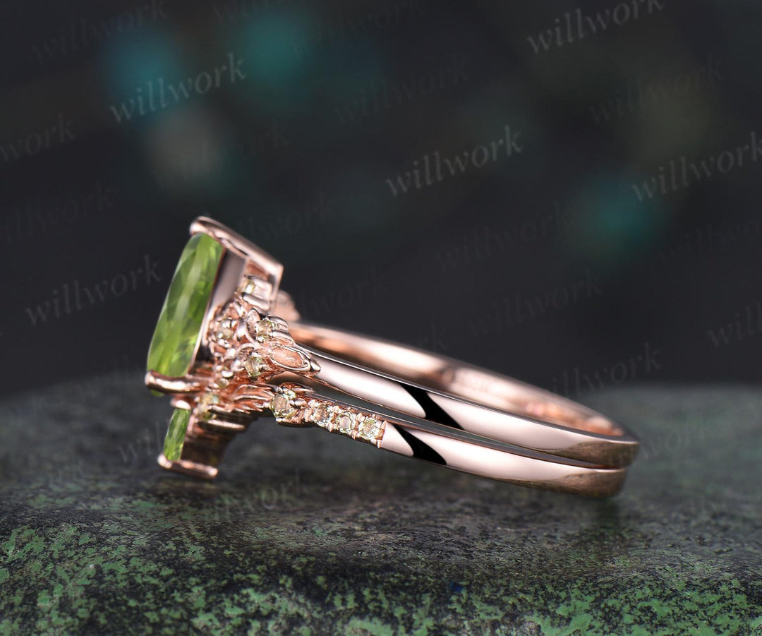 Teardrop pear cut natural peridot engagement ring set nature inspired leaf floral bridal ring set rose gold art deco anniversary gift