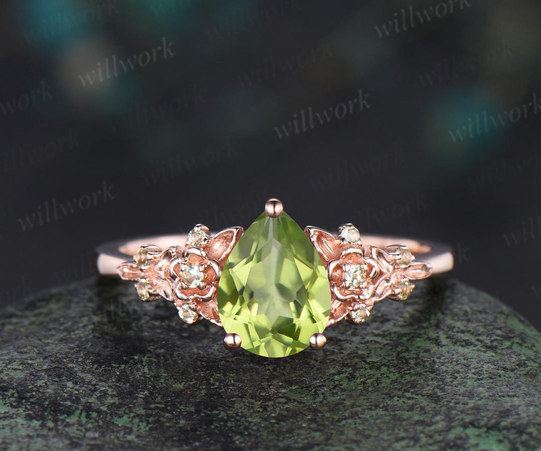 Teardrop pear cut natural peridot engagement ring set nature inspired leaf floral bridal ring set rose gold art deco anniversary gift
