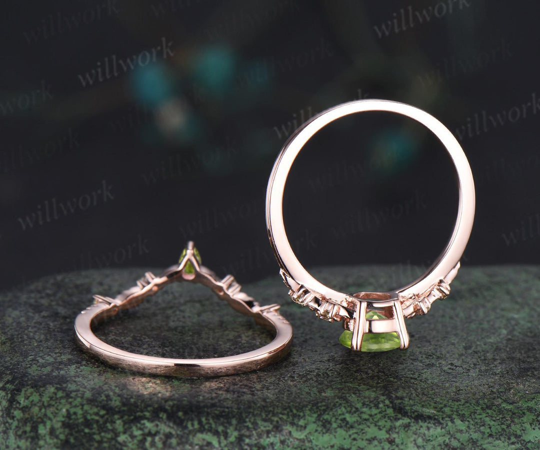 Teardrop pear cut natural peridot engagement ring set nature inspired leaf floral bridal ring set rose gold art deco anniversary gift