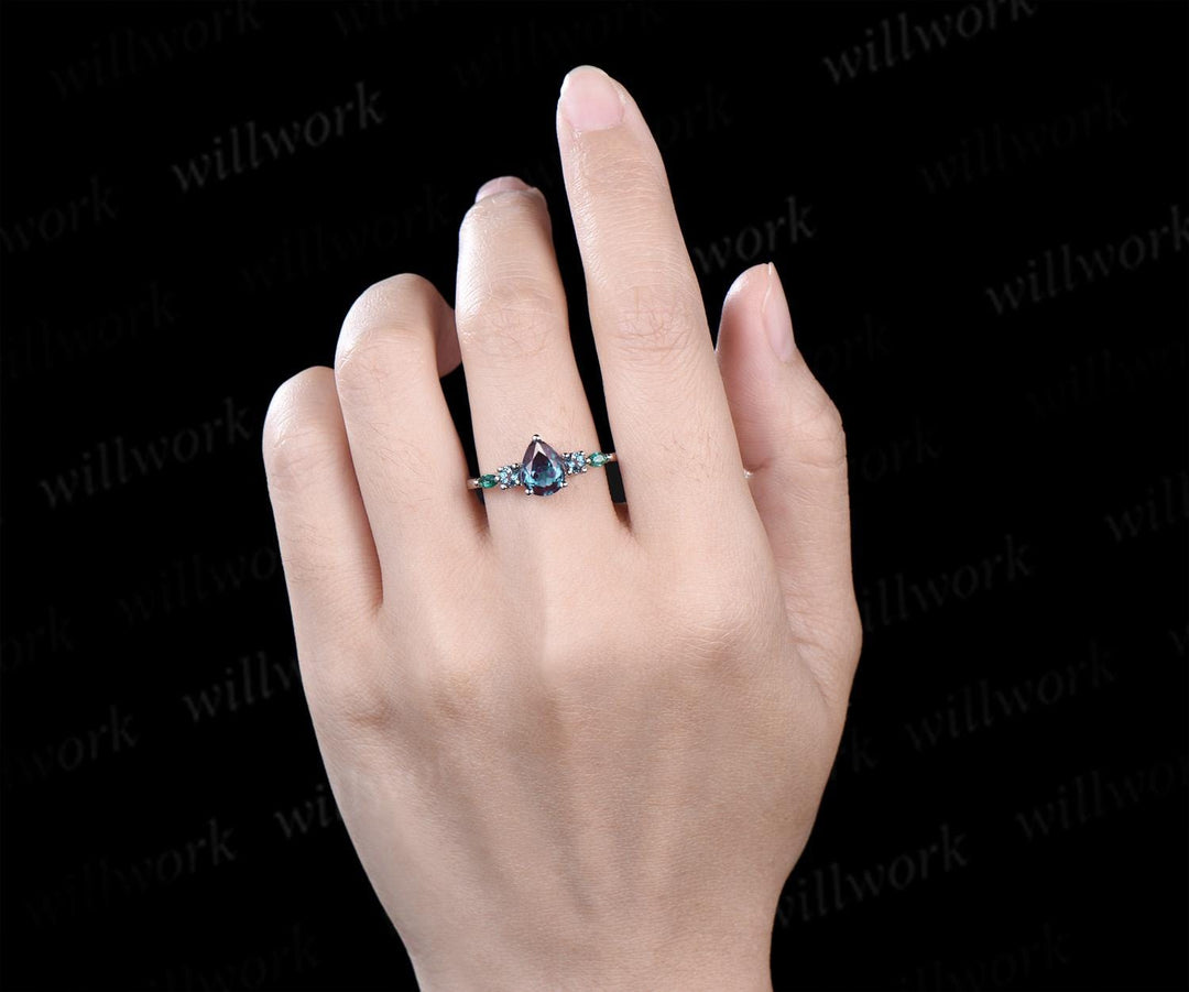 Teardrop pear cut Alexandrite ring 14k white gold Minimalist five stone unique engagement ring women emerald promise wedding ring silver