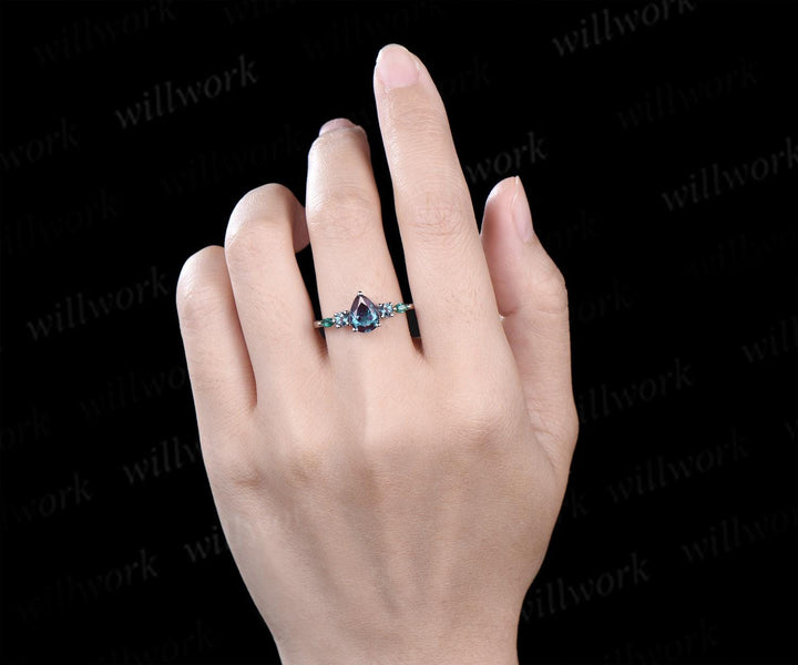 Teardrop pear cut Alexandrite ring 14k white gold Minimalist five stone unique engagement ring women emerald promise wedding ring silver