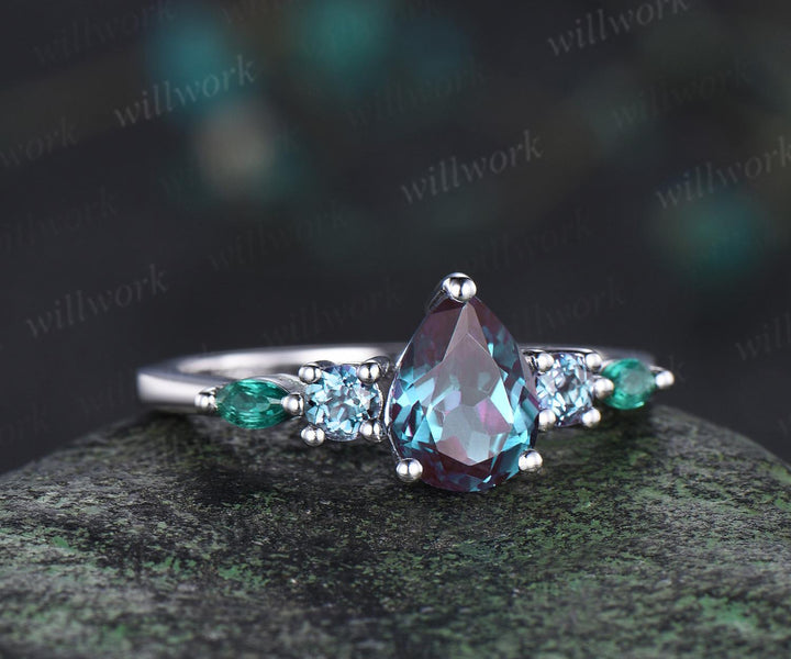 Teardrop pear cut Alexandrite ring 14k white gold Minimalist five stone unique engagement ring women emerald promise wedding ring silver