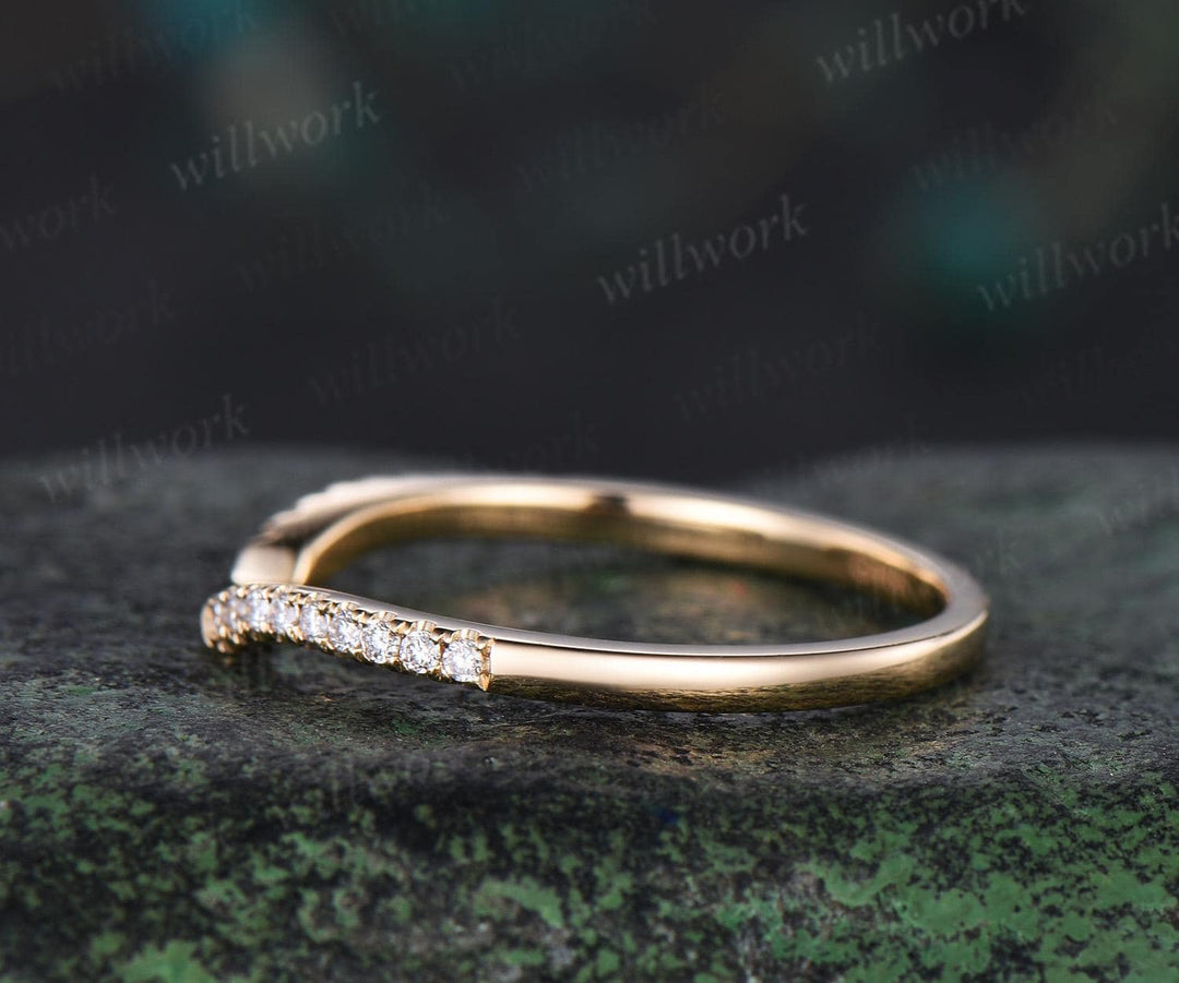 Curved open gap diamond wedding band solid 14k yellow gold half eternity stackable matching dainty bridal ring women gift