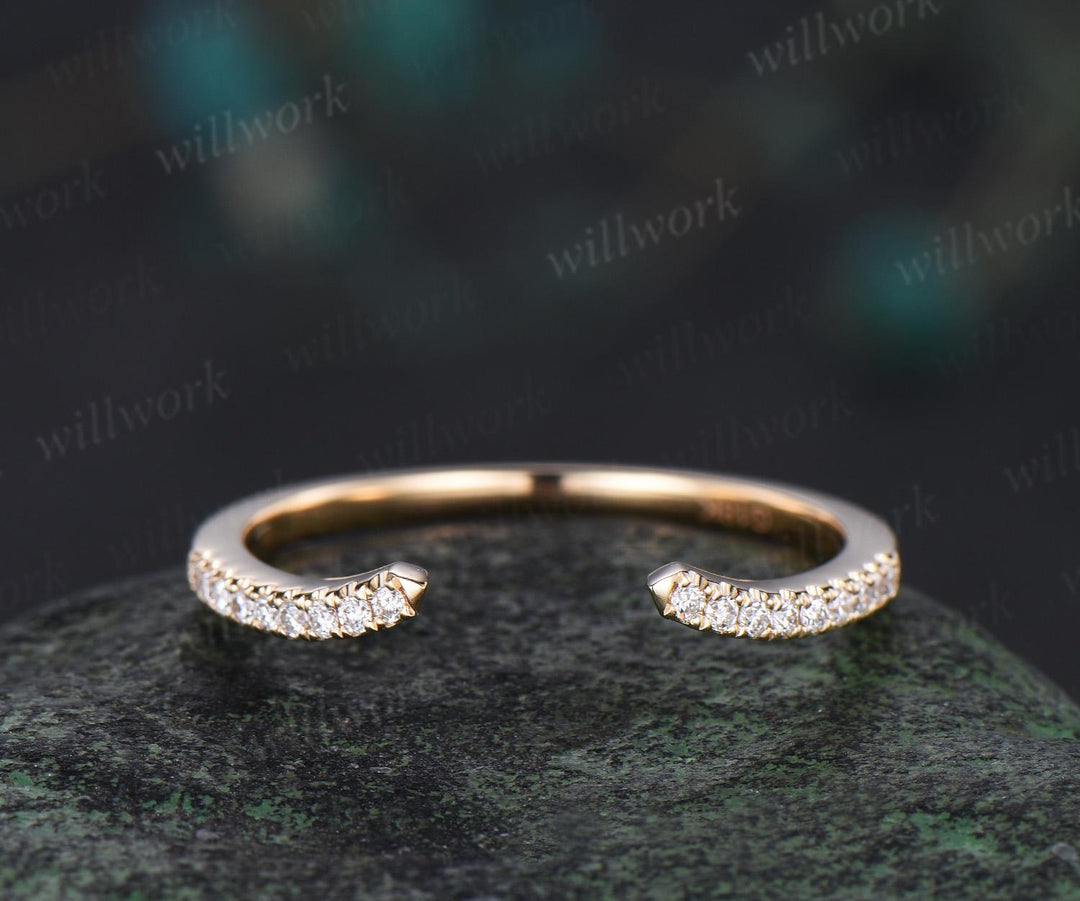 Curved open gap diamond wedding band solid 14k yellow gold half eternity stackable matching dainty bridal ring women gift