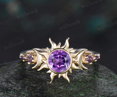 Round cut purple amethyst ring vintage bezel sun moon engagement ring women solid 14k yellow gold unique anniversary gift